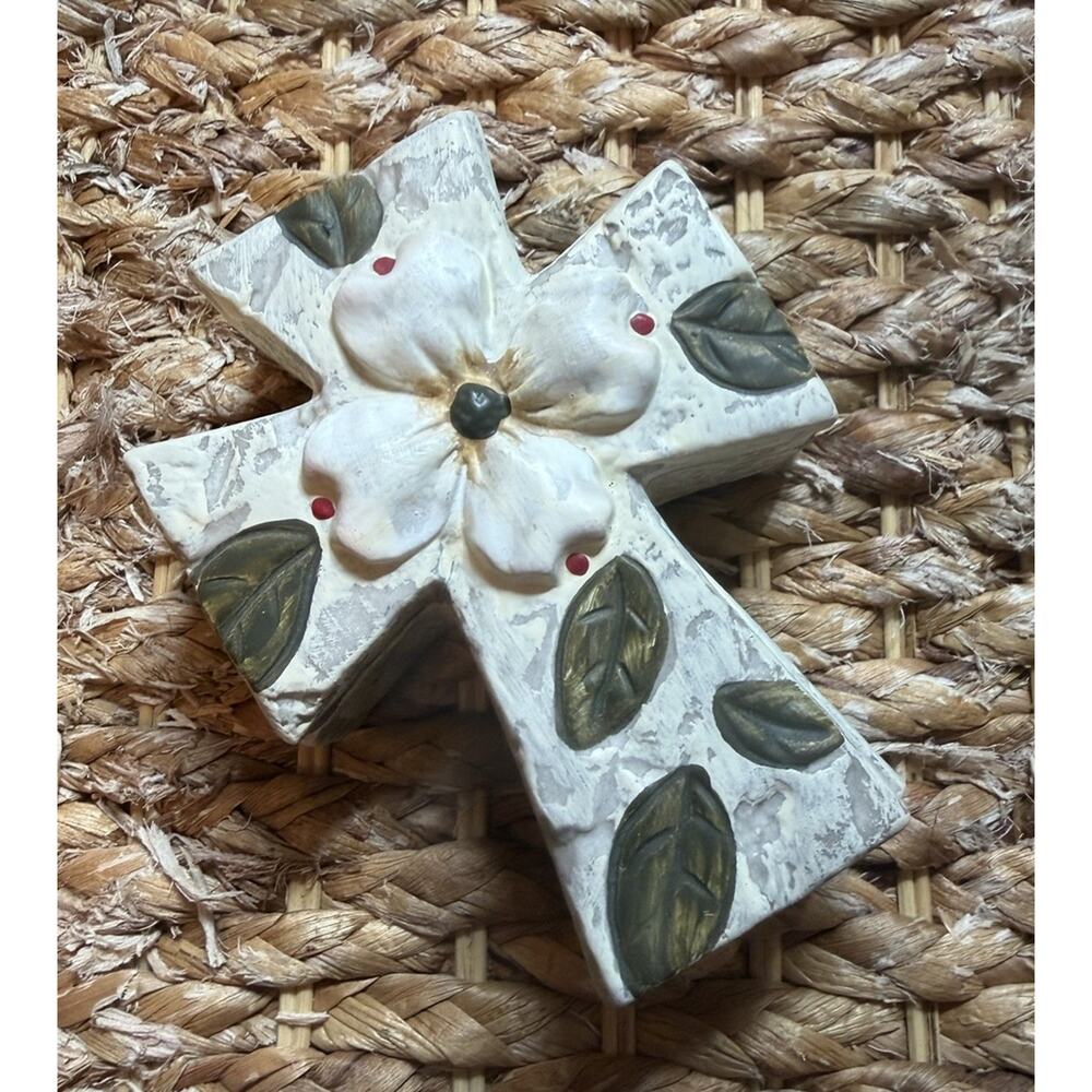 Vintage Porcelain Cross TRINKET BOX Flower Religious Baptism Fast Ship 3467-31